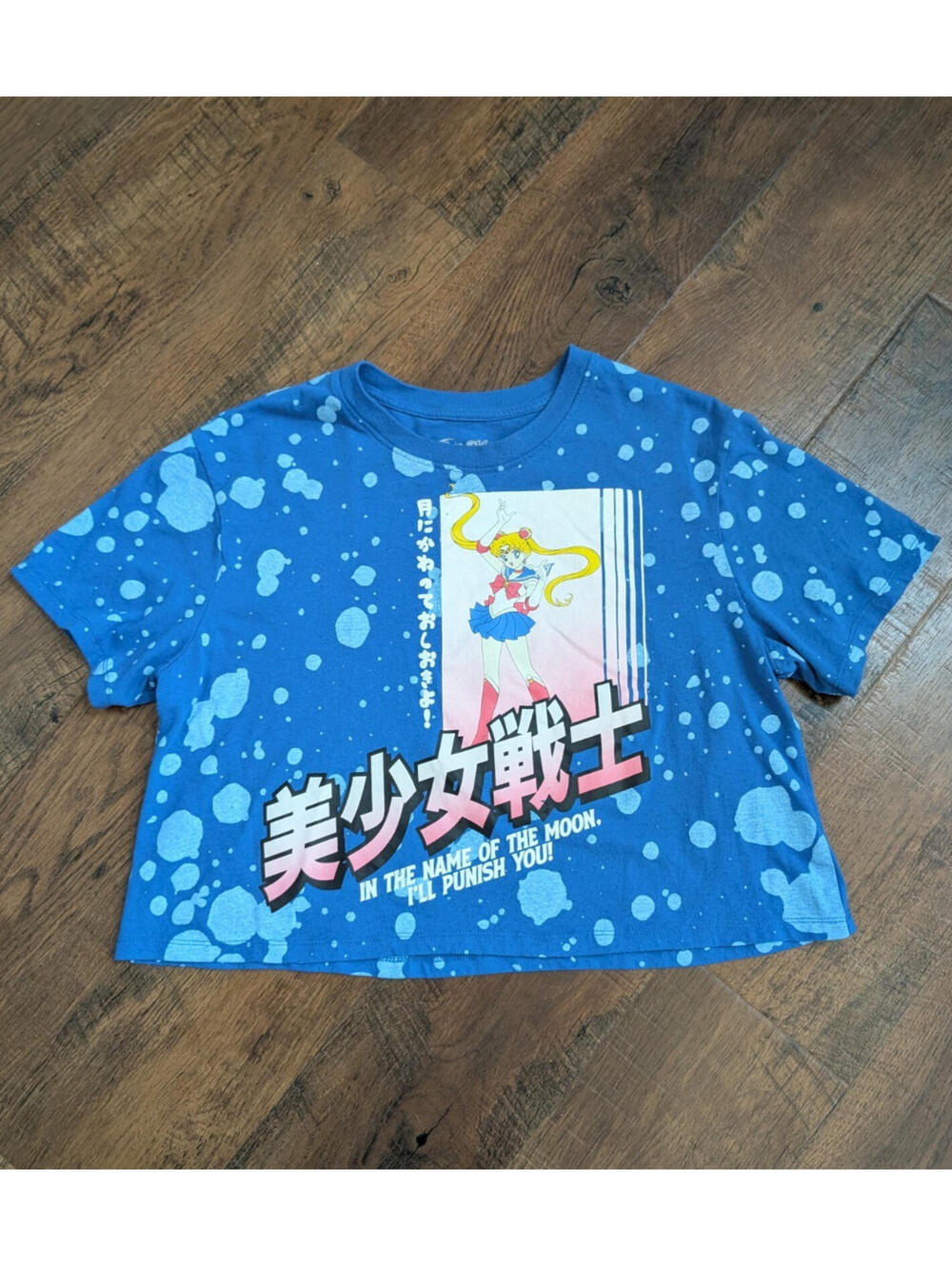 Sailor Moon Bleach Splatter Crop Tee Blue Anime Graphic Size L